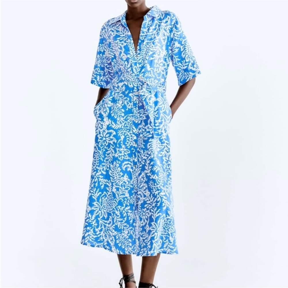 Zara blue and white floral shirt dress